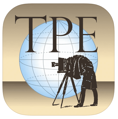 The tpe logo with a man holding landscape photography gear.