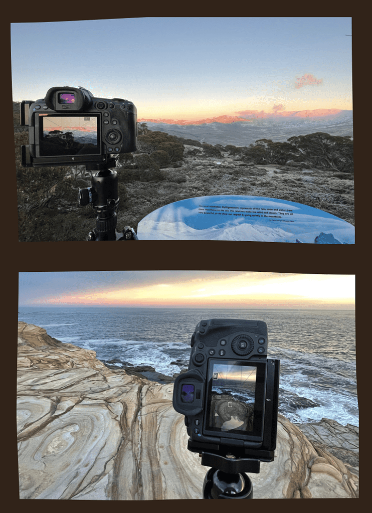 Two landscape photography pictures of a camera on a rock with a view of the ocean.