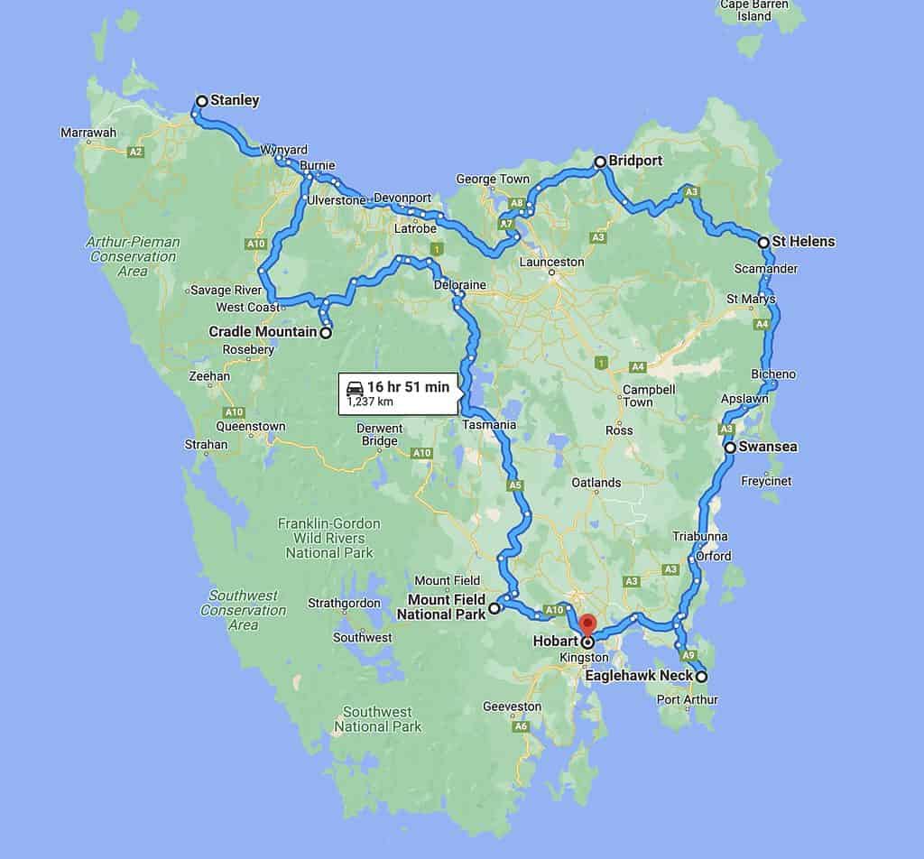 Tasmania photo road trip map showing the route starting and finishing in either Hobart or Stanley