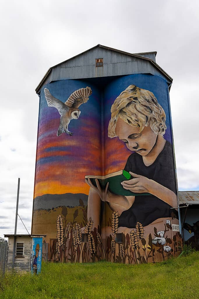 A mural of a boy reading a book on a silo, perfect photography trip.