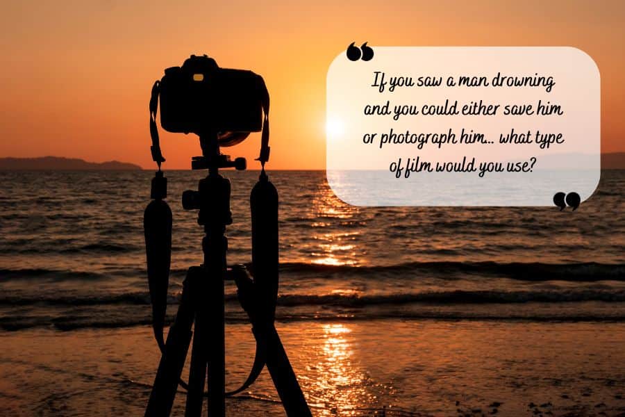 Camera and tripod overlooking the ocean as an inspirational image - with a funny quote
