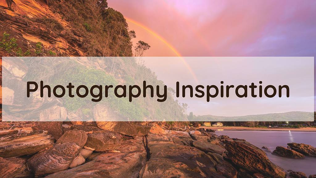 A rainbow over a rocky shore with the words photography inspiration.