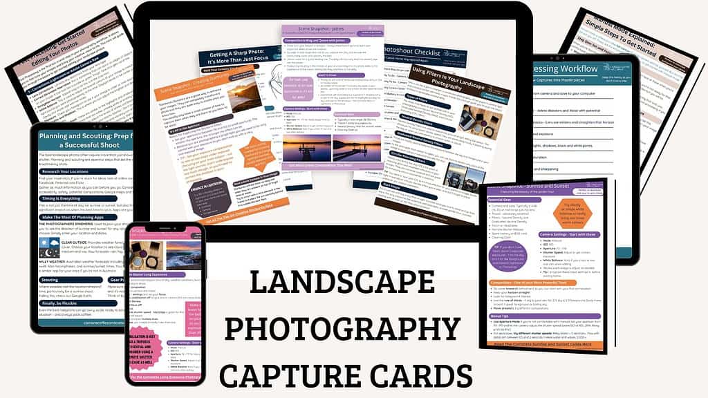 Landscape photography capture cards. Collage of handy reference cards to help beginner landscape photographers