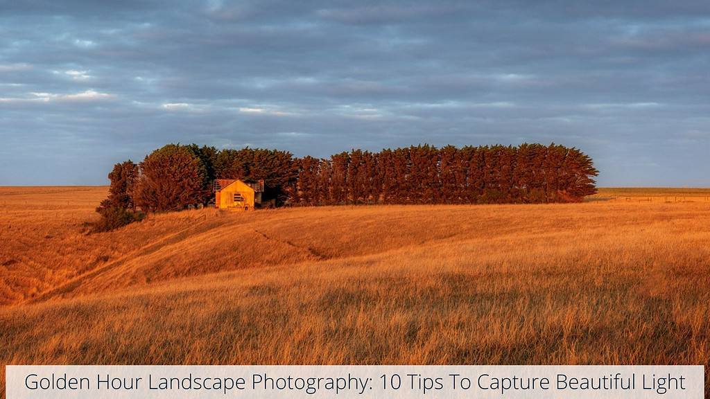 A golden dawn lighting up an old homestead atop a hill in Stanley, Tasmania, Australia. Written across the bottom are the words 'golden hour landscape photography: 10 tips to capture beautiful light'. These words represent the article that this image has a link to.