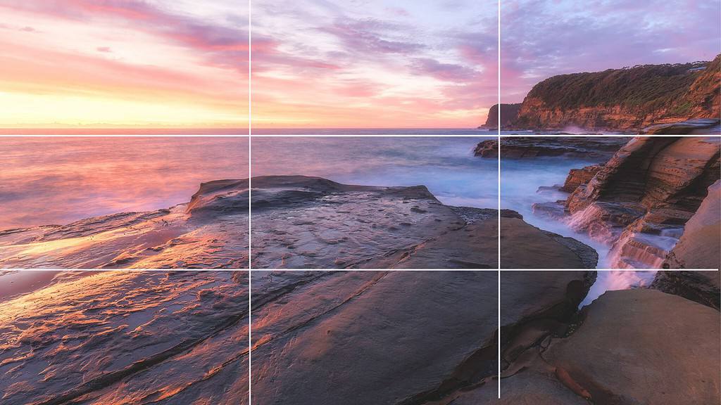 Seascape image with a grid overlay showing the rule of thirds