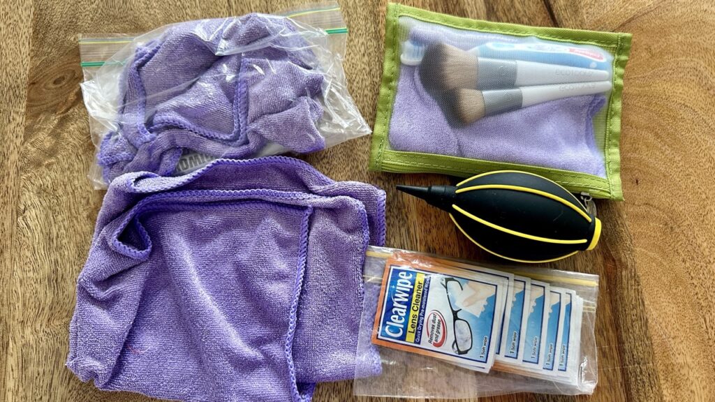 Cleaning kit supplies - cloth, blower, lens wipes and brushes