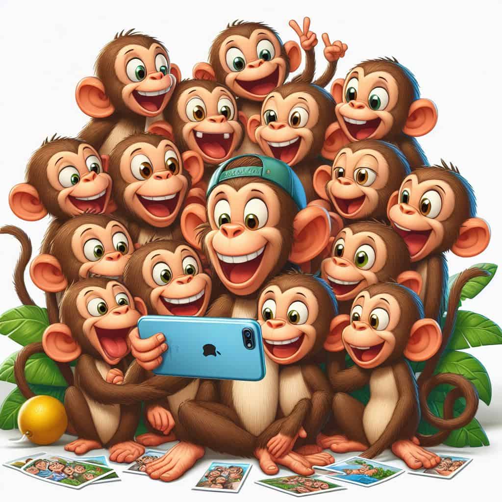 A joyful gathering of animated monkeys taking a group selfie, with one wearing a blue cap holding the phone. They are conveying a sense of fun and camaraderie. It is portraying a term called 'chimping' where photographers gather around and 'ooh' and 'aah' each others photos.