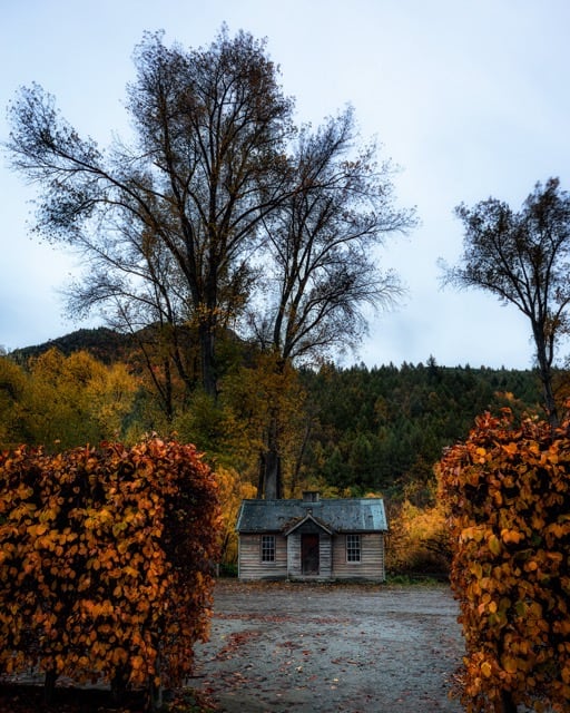 Autumnal scene with a small, rustic shed centered between two large trees with bare branches. Vibrant orange leaves frame the foreground against a cloudy sky. This image utilises the frame within a frame technique as well as leading lines provided by the leaves from the trees in the foreground