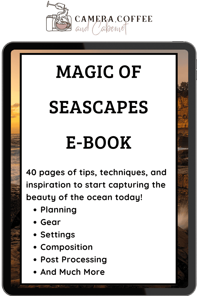 A promotional display on a tablet for the FREE "Magic of Seascapes E-book" by Camera, Coffee, and Cabernet. It offers 40 pages of tips, techniques, and inspiration for capturing the beauty of the ocean, covering topics like planning, gear, settings, composition, post-processing, and more, aiming to equip photographers with the knowledge to shoot seascapes professionally.