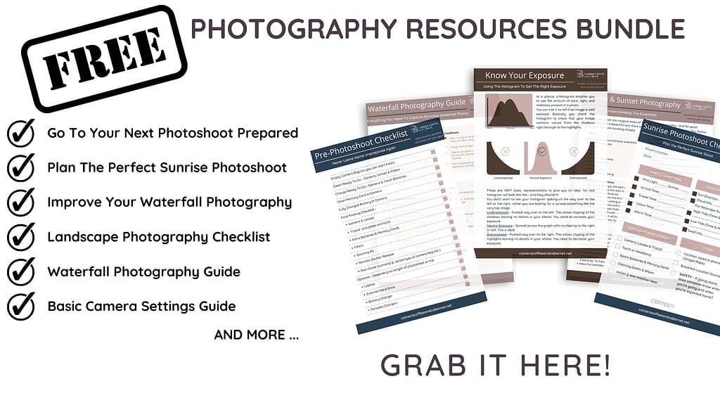 An advertisement for a 'FREE PHOTOGRAPHY RESOURCES BUNDLE' featuring a variety of checklists and guides, such as a pre-photoshoot checklist, waterfall photography guide, and basic camera settings guide, with a prominent 'GRAB IT HERE' call-to-action.