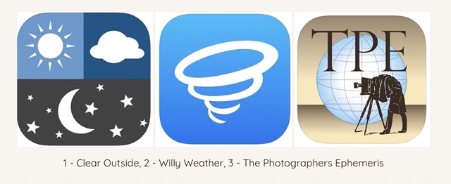 A collage of weather app icons including 'Clear Outside,' 'Willy Weather,' and 'The Photographer's Ephemeris,' key tools for planning landscape photography outings