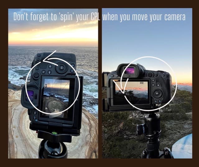 Two images showing a camera on a tripod equipped with a Circular Polarizer Lens (CPL) filter, one image with annotations reminding to 'spin' the CPL when moving the camera for optimal effect.