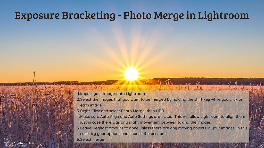 A guide image for photographers on 'Exposure Bracketing - Photo Merge in Lightroom,' with a backdrop of a golden field at sunrise, providing steps for merging bracketed photos for high dynamic range imaging