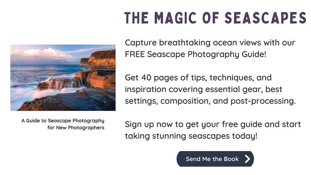 The image is a promotion for the FREE "THE MAGIC OF SEASCAPES," a guide offering 40 pages of tips, techniques, and inspiration for seascape photography. It promises to cover essential gear, best settings, composition, and post-processing. It entices new photographers with the prospect of capturing breathtaking ocean views and includes a call-to-action button labeled "DOWNLOAD NOW" for easy access to the free guide. The background shows a beautiful seascape scene, enhancing the theme of the guide.