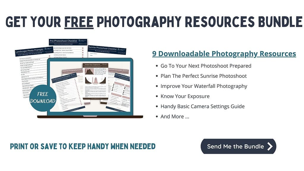 An advertisement for a 'FREE PHOTOGRAPHY RESOURCES BUNDLE' featuring a variety of checklists and guides, such as a pre-photoshoot checklist, waterfall photography guide, and basic camera settings guide, with a prominent 'GRAB IT HERE' call-to-action.